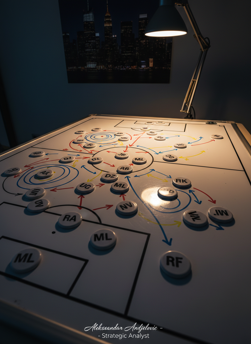 An overhead tactical board in a dimly lit analyst room, covered with magnetic player markers labeled with initials, colored arrows, and hand-drawn formations that trace the evolution of a bold attacking strategy. A sleek New York skyline poster hangs blurred in the background, hinting at the stage these tactics target. A single focused desk lamp spills concentrated warm light across the glossy whiteboard surface, creating sharp reflections on the magnets and deep shadows at the edges of the frame. Photographic realism, shot from a slightly oblique top-down angle to reveal depth, with a confident, intense mood that underscores Aleksandar Andjelovic’s strategic mind and professional expertise.