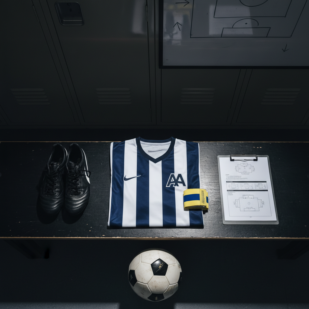A meticulously arranged flat lay of a professional soccer player’s essentials displayed on a dark matte locker-room bench: a neatly folded navy and white jersey labeled “AA”, captain’s armband, polished boots, tactical notes clipped to a clipboard, and a single pristine match ball with scuff marks of prior battles. The background shows blurred metallic lockers and a hanging tactics board. Overhead fluorescent lights create strong, directional highlights and sharp-edged shadows, giving a bold, high-contrast, photographic look. Shot from a perfectly overhead bird’s-eye view with crisp focus across the frame, the composition balances each object with precision, conveying discipline, preparation, and New York–level professionalism.