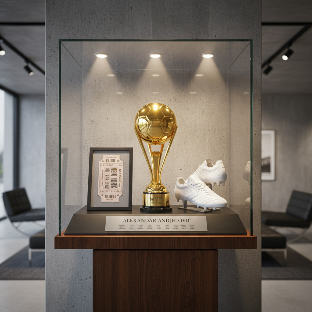 A glass display case in a minimalist, modern room showcasing Aleksandar Andjelovic’s career memorabilia: a golden MVP trophy, a framed match ticket embossed with “New York”, a pair of meticulously cleaned boots, and a polished metal plaque engraved with career statistics. The case stands on a dark wooden pedestal against a concrete wall, with subtle spotlights embedded in the ceiling casting focused beams onto each item, creating crisp reflections on the glass and soft halos of light around the objects. Shot straight-on at eye level in photographic realism, with a shallow depth of field slightly blurring the background, the mood is bold, proud, and celebratory, ideal for a portfolio highlight section.